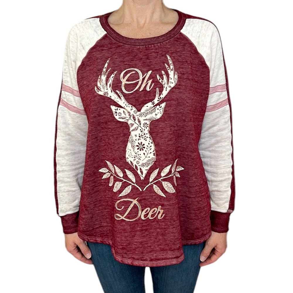 Cato EST. 1946 “Oh Deer” Sweater‎ Deer Head Antlers Leaves Stripes Red/White M